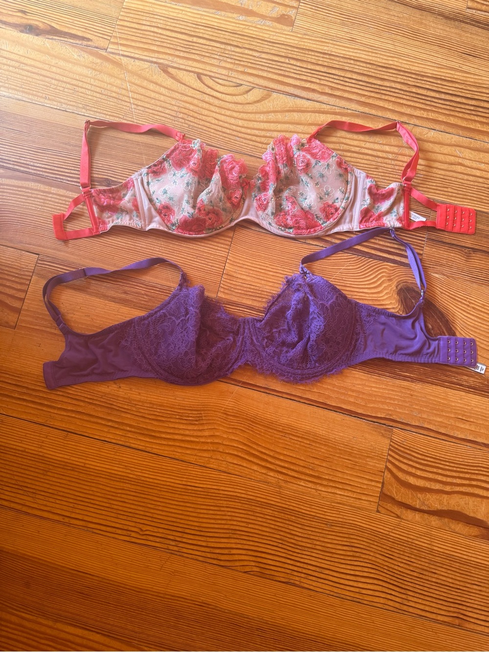 Victoria's Secret Pink Floral Embroidered Bra & Purple Lace Bra Duo